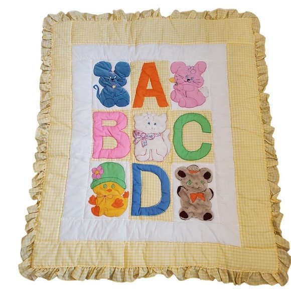 Vintage ABC Animal Nany Nursery Quilt Tapestry Yellow Plaid Wall Hanging 44 X 51 - Picture 1 of 10